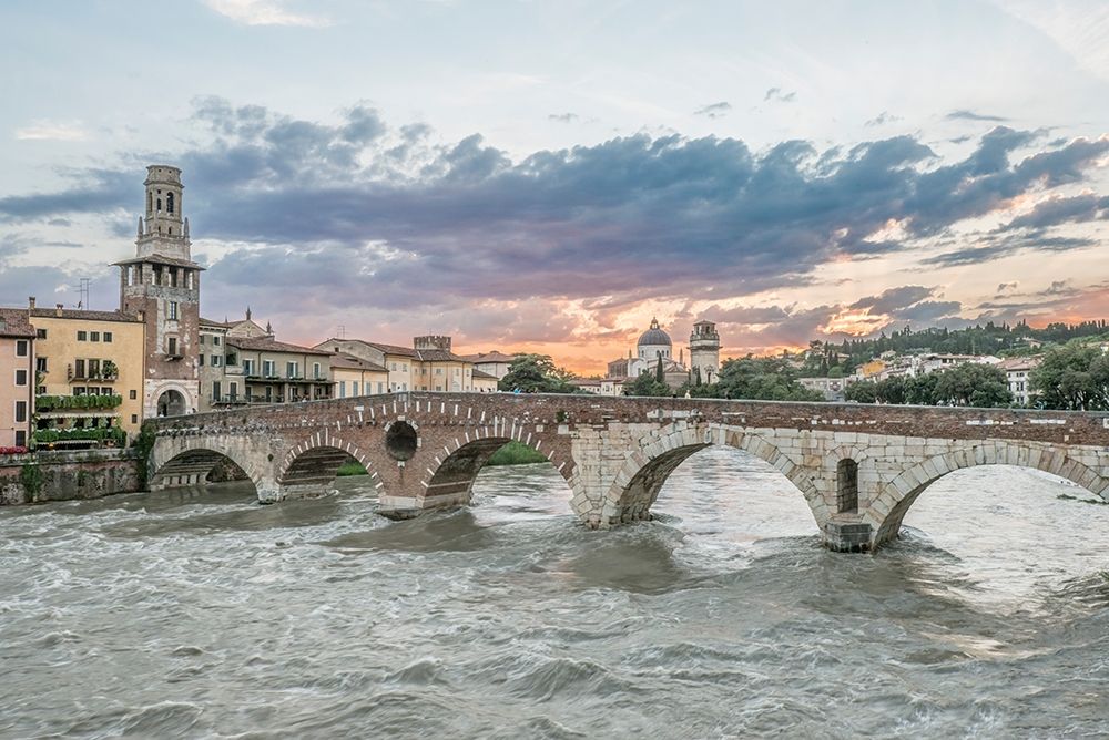 Italy-Verona Ponte Pietra (Roman Bridge) at Sunset art print by Rob Tilley for $57.95 CAD